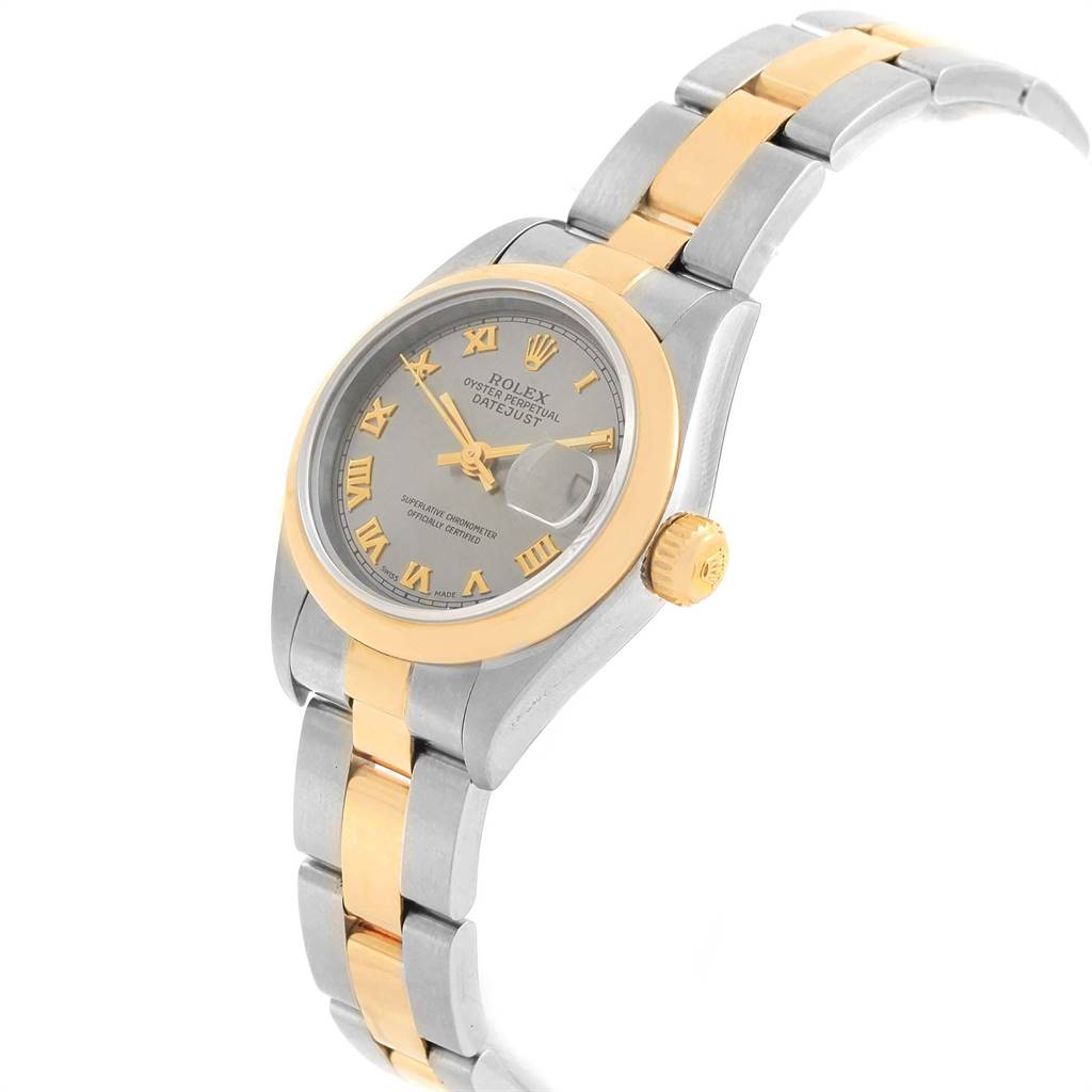 This image shows a side and partial top view of a Rolex Datejust 69163 Women's Steel and Gold (two tone) Grey Dial 69163 Women's Steel and Gold (two tone) Grey Dial watch, highlighting the dial, crown, and two-tone bracelet.