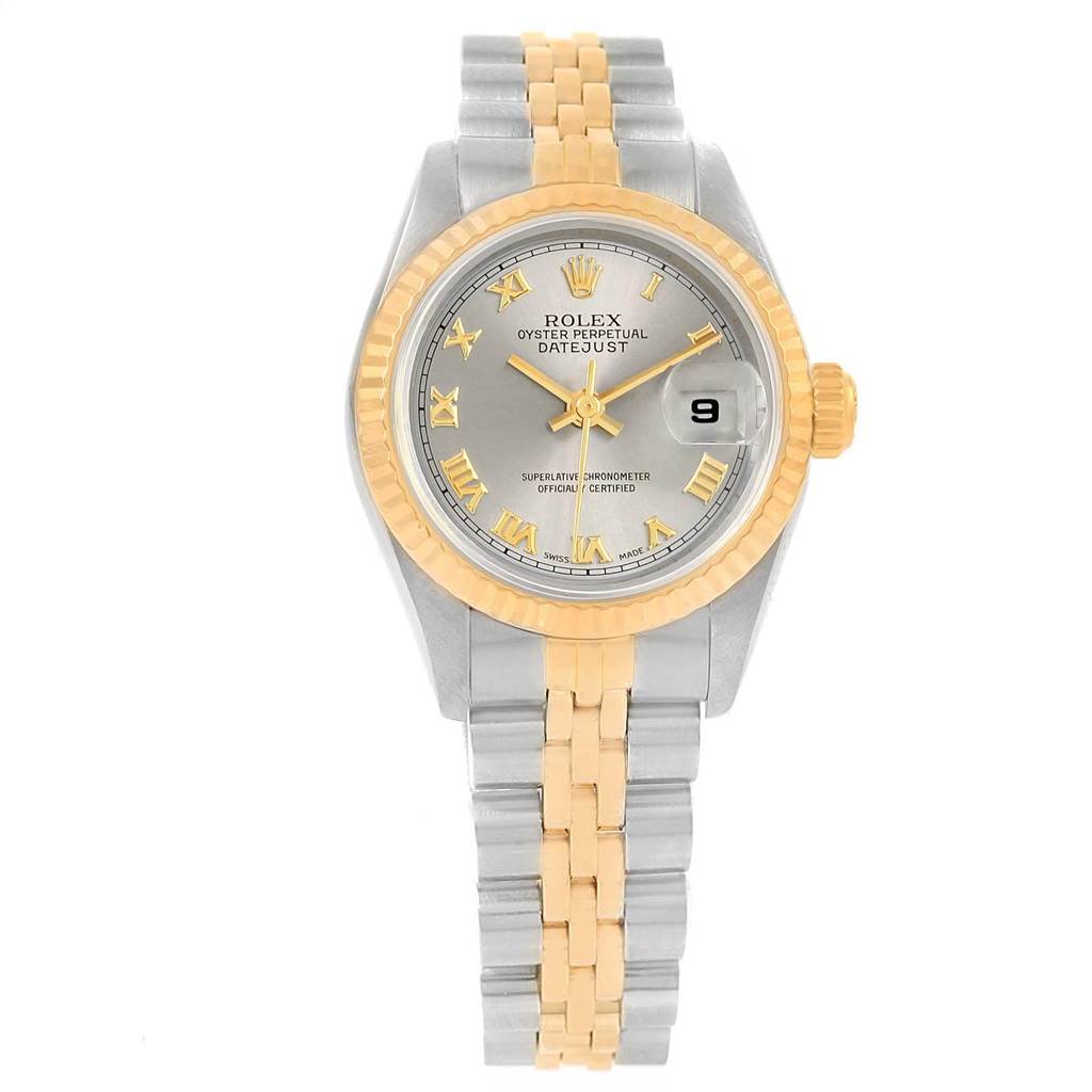 This Rolex Datejust 79173 Women's Steel and Gold (two tone) Grey Dial 79173 Women's Steel and Gold (two tone) Grey Dial watch is shown from a top view, displaying its face, bezel, crown, and two-tone bracelet.