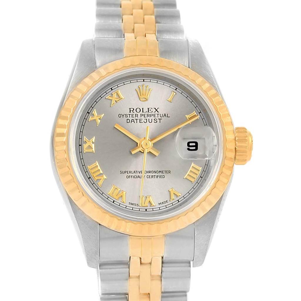 This image shows a frontal view of a Rolex Datejust 79173 Women's Steel and Gold (two tone) Grey Dial 79173 Women's Steel and Gold (two tone) Grey Dial watch, displaying its dial, bezel, and part of the bracelet.