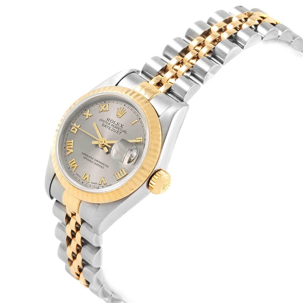 The image shows a Rolex Datejust 79173 Women's Steel and Gold (two tone) Grey Dial 79173 Women's Steel and Gold (two tone) Grey Dial watch angled to display its dial, bezel, and part of the two-tone bracelet.