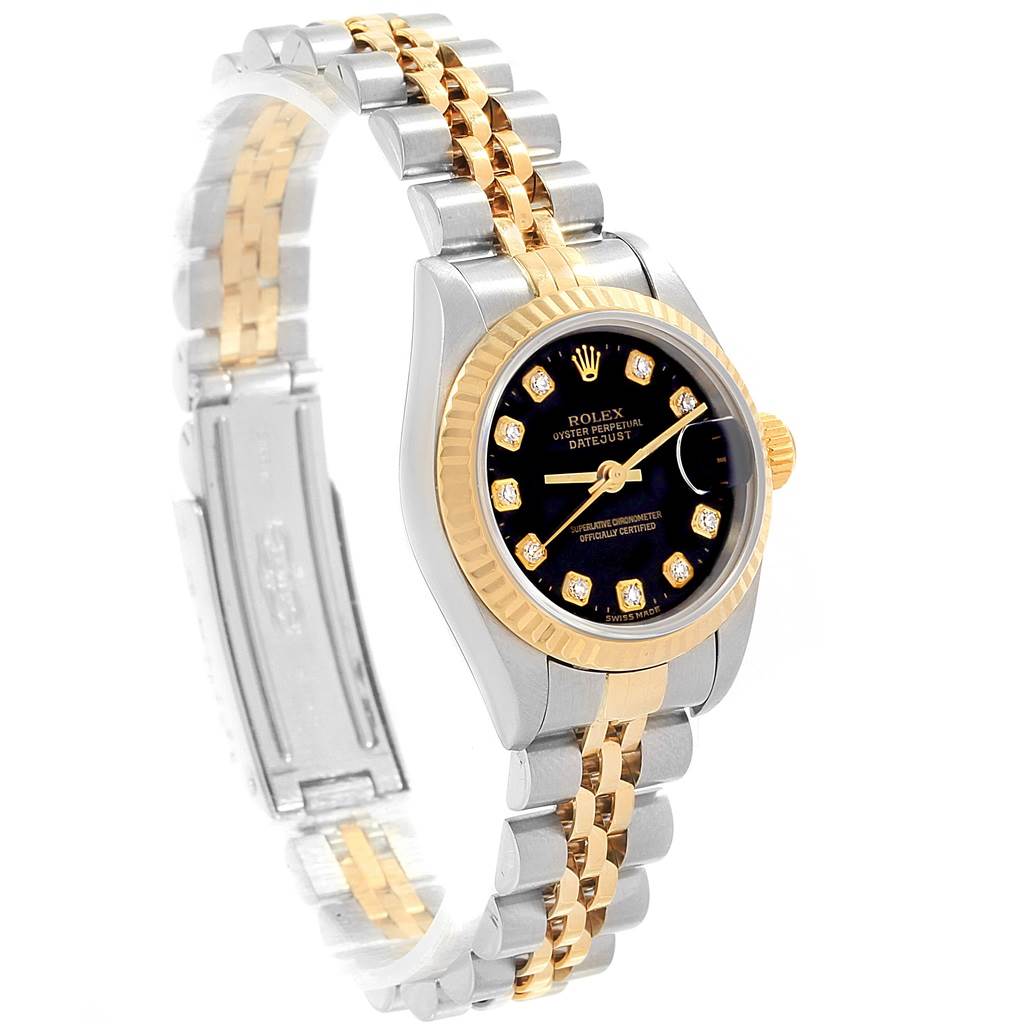 The image shows a Rolex Datejust 79173 Women's Stainless Steel Black Dial 79173 Women's Stainless Steel Black Dial watch at a slight angle, showcasing its face, bezel, crown, and two-tone bracelet.