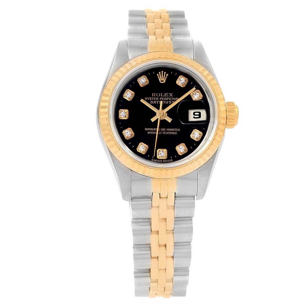 The Rolex Datejust 79173 Women's Stainless Steel Black Dial 79173 Women's Stainless Steel Black Dial watch is shown from the front, displaying its face, bezel, crown, and two-tone bracelet.