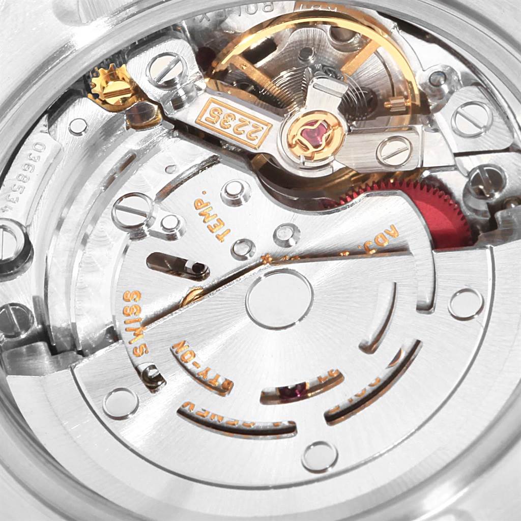 This image shows a close-up view of the movement mechanism of a Rolex Datejust 79173 Women's Stainless Steel Black Dial 79173 Women's Stainless Steel Black Dial watch.