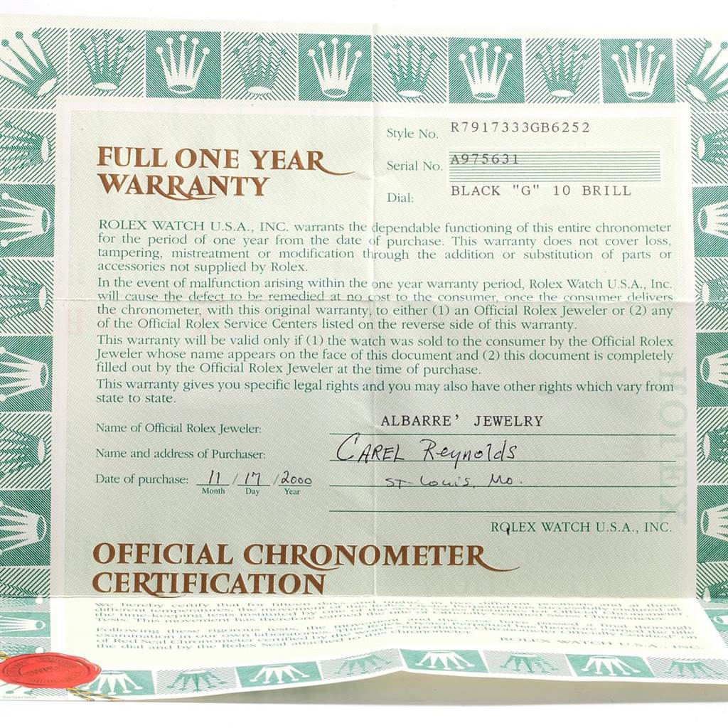 The image shows a full one-year warranty card for the Rolex Datejust 79173 Women's Stainless Steel Black Dial 79173 Women's Stainless Steel Black Dial model watch.