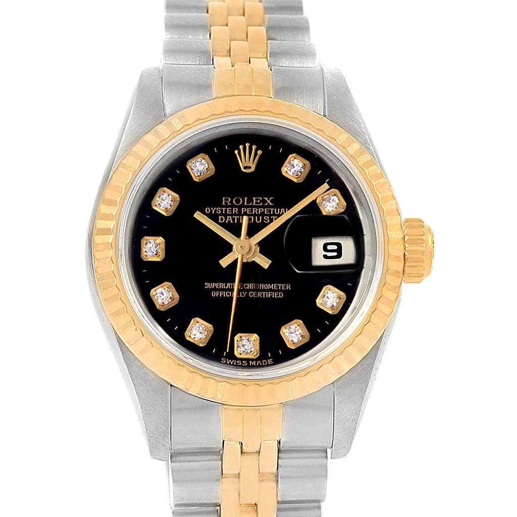 This image shows a frontal view of a Rolex Datejust 79173 Women's Stainless Steel Black Dial 79173 Women's Stainless Steel Black Dial watch, displaying the dial, bezel, and bracelet.