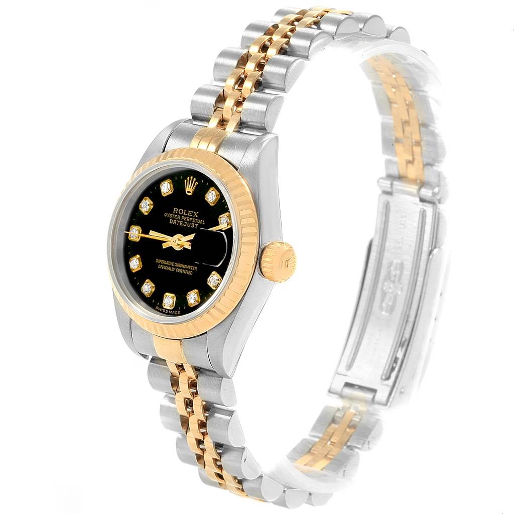 The image shows a Rolex Datejust 79173 Women's Stainless Steel Black Dial 79173 Women's Stainless Steel Black Dial watch at an angled view, highlighting its two-tone bracelet and dial.