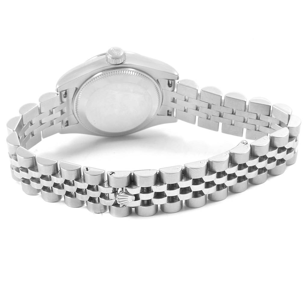 This image shows the back case and bracelet of a Rolex Datejust 179174 Women
s Stainless Steel Pink Dial 179174 Women
s Stainless Steel Pink Dial watch from a rear angle.