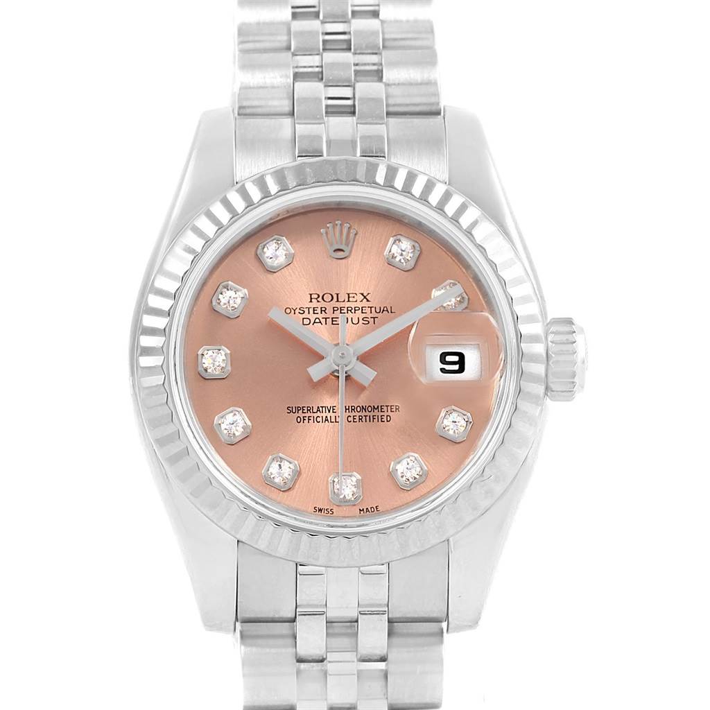 The image shows a front-facing view of a Rolex Datejust 179174 Women
s Stainless Steel Pink Dial 179174 Women
s Stainless Steel Pink Dial watch, displaying its dial, bezel, crown, and part of the bracelet.