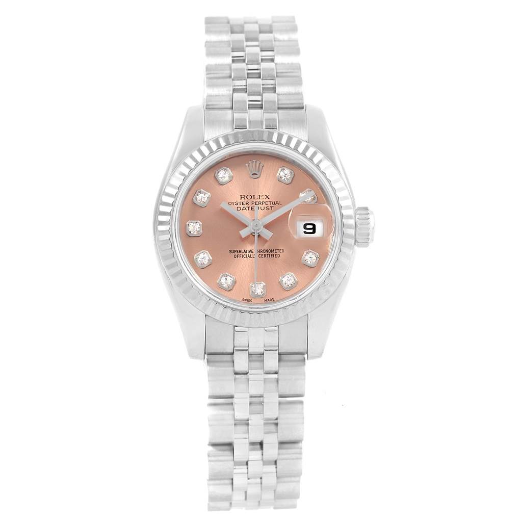 The image shows a front view of the Rolex Datejust 179174 Women
s Stainless Steel Pink Dial 179174 Women
s Stainless Steel Pink Dial watch, displaying its face, bezel, dial, hands, date window, and bracelet.