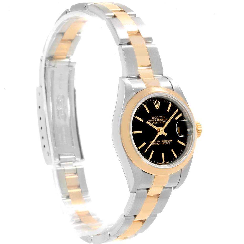 The image shows a side and front view of a Rolex Datejust 79163 Women's Steel and Gold (two tone) Black Dial 79163 Women's Steel and Gold (two tone) Black Dial watch, featuring a two-tone bracelet and black dial.