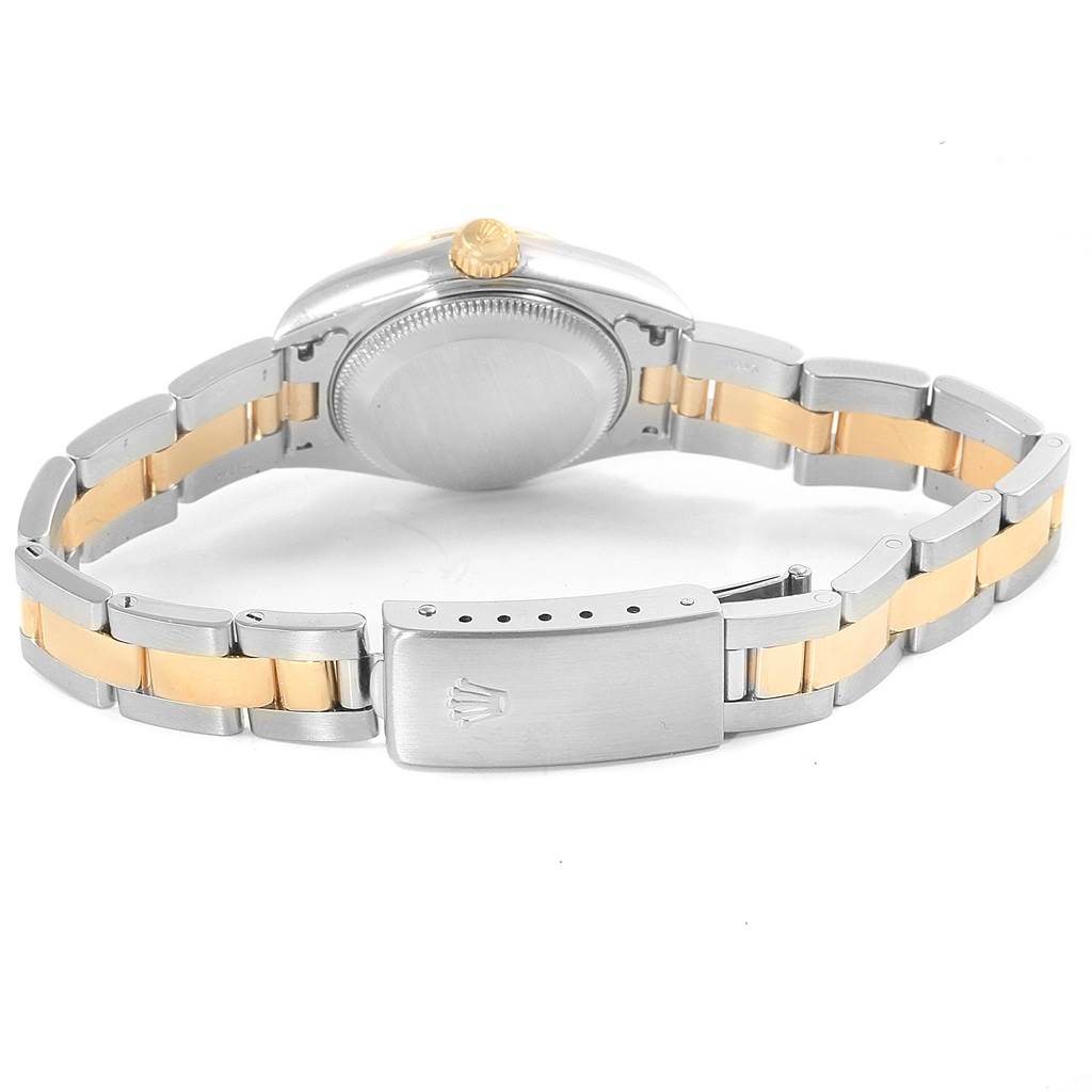 The image shows the back of a Rolex Datejust 79163 Women's Steel and Gold (two tone) Black Dial 79163 Women's Steel and Gold (two tone) Black Dial watch, highlighting the clasp, bracelet, and case back.