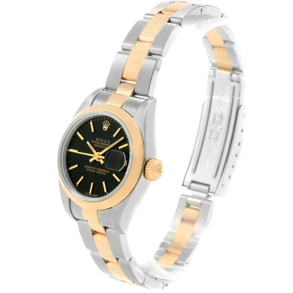 This image shows a side angle of a Rolex Datejust 79163 Women's Steel and Gold (two tone) Black Dial 79163 Women's Steel and Gold (two tone) Black Dial watch, highlighting its black dial, gold bezel, and two-tone bracelet.