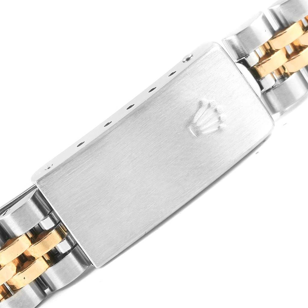 This image shows a close-up of the clasp on the bracelet of a Rolex Datejust 79173 Women's Stainless Steel Champagne Dial 79173 Women's Stainless Steel Champagne Dial watch.