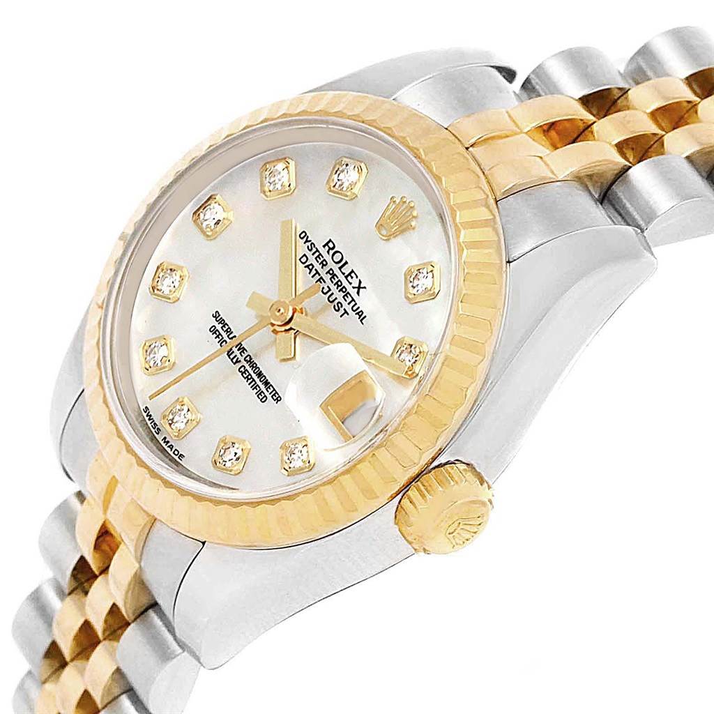 This image shows a side view of a Rolex Datejust 179173 Women's Steel and Gold (two tone) Mother of Pearl Dial 179173 Women's Steel and Gold (two tone) Mother of Pearl Dial watch, highlighting its bezel, crown, dial, and bracelet.