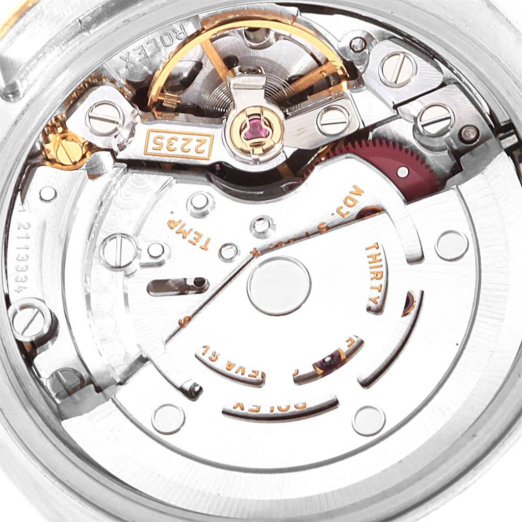 The image shows the movement mechanism of a Rolex Datejust 179173 Women's Steel and Gold (two tone) Mother of Pearl Dial 179173 Women's Steel and Gold (two tone) Mother of Pearl Dial watch from a top-down angle.