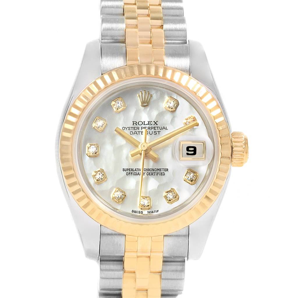 The Rolex Datejust 179173 Women's Steel and Gold (two tone) Mother of Pearl Dial 179173 Women's Steel and Gold (two tone) Mother of Pearl Dial watch is shown from the front, highlighting its dial, bezel, and part of the bracelet.