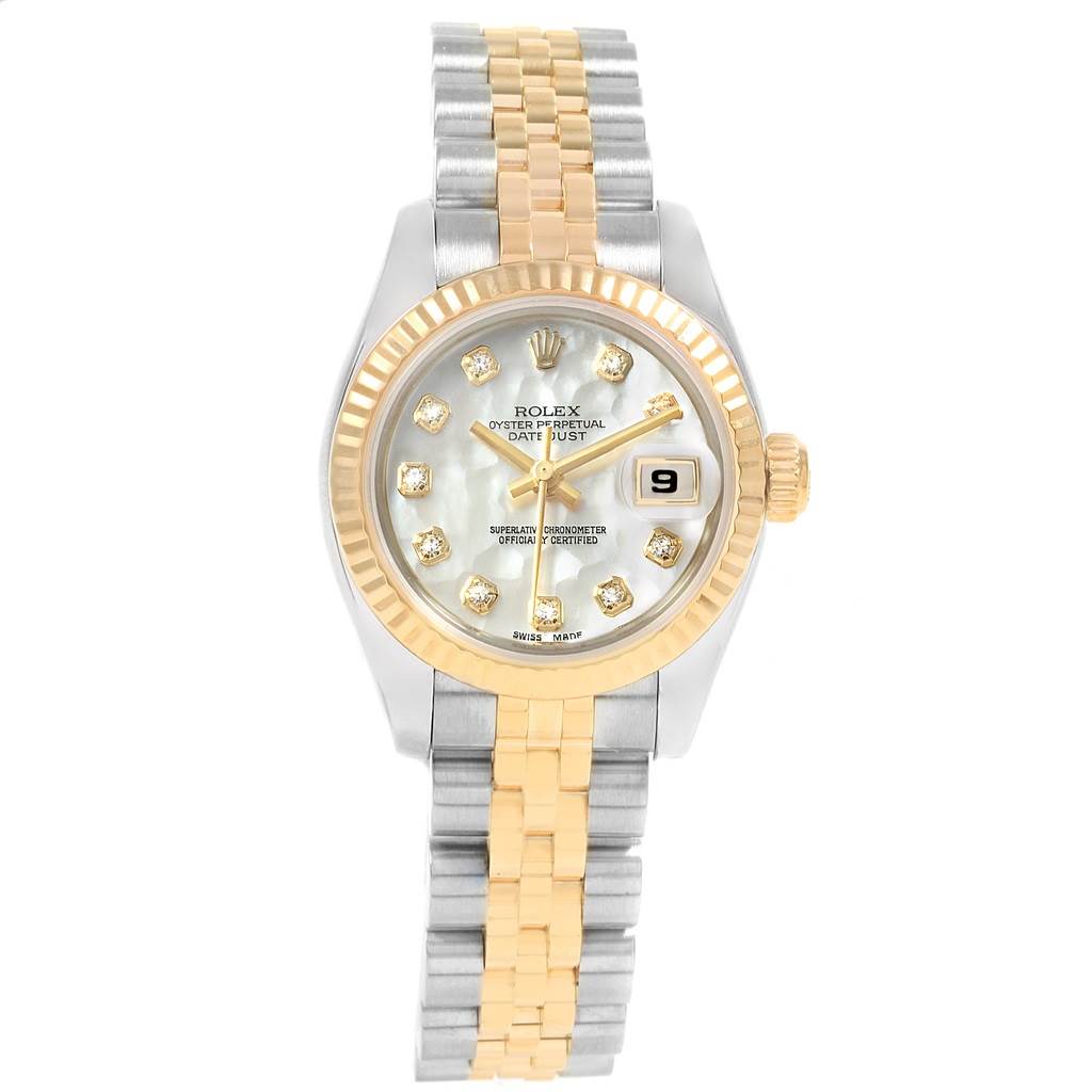 The image shows a Rolex Datejust 179173 Women's Steel and Gold (two tone) Mother of Pearl Dial 179173 Women's Steel and Gold (two tone) Mother of Pearl Dial watch from a top-down angle, highlighting the face, date window, bezel, and bracelet.