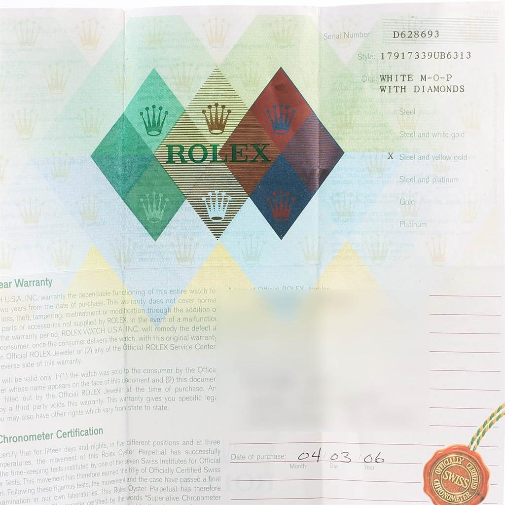 This image shows the warranty card and certification details for a Rolex Datejust 179173 Women's Steel and Gold (two tone) Mother of Pearl Dial 179173 Women's Steel and Gold (two tone) Mother of Pearl Dial model watch.
