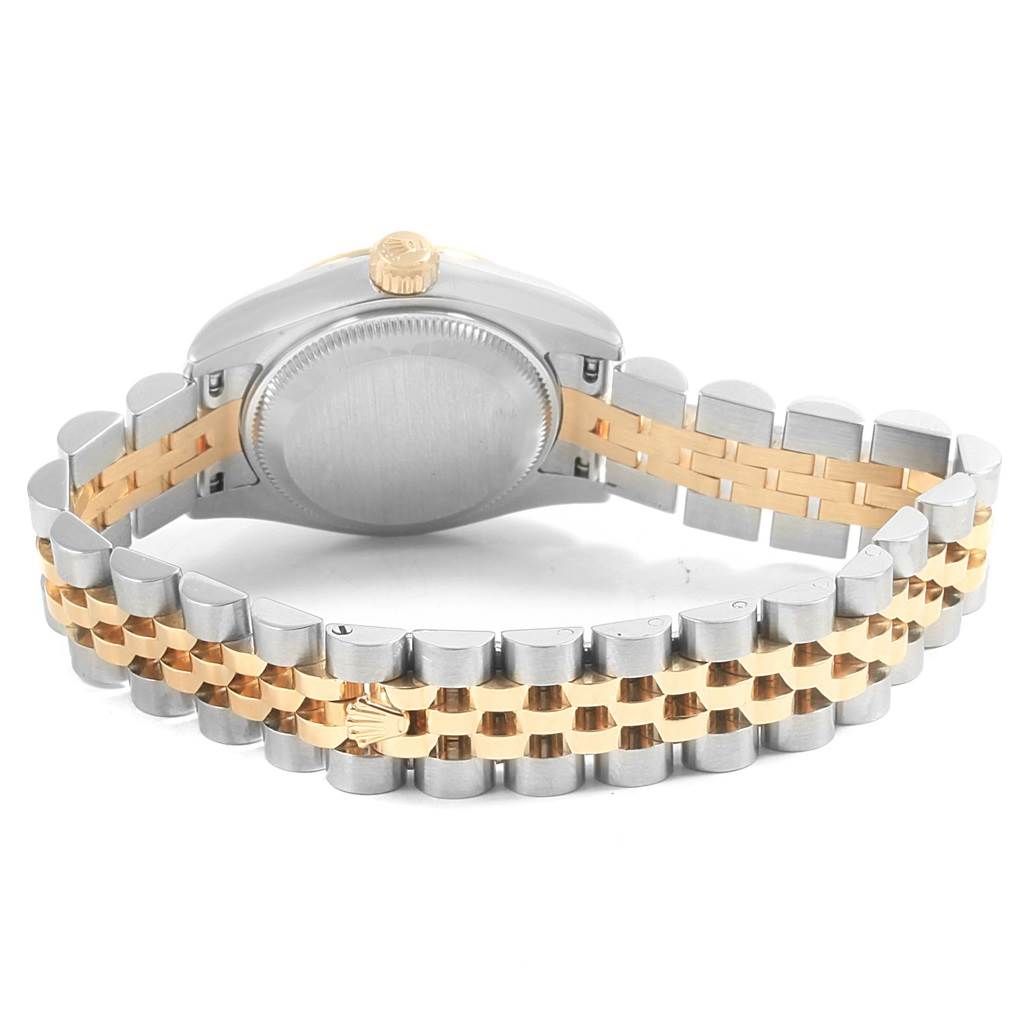 This image shows the back case and jubilee bracelet of a Rolex Datejust 179173 Women's Steel and Gold (two tone) Mother of Pearl Dial 179173 Women's Steel and Gold (two tone) Mother of Pearl Dial watch.