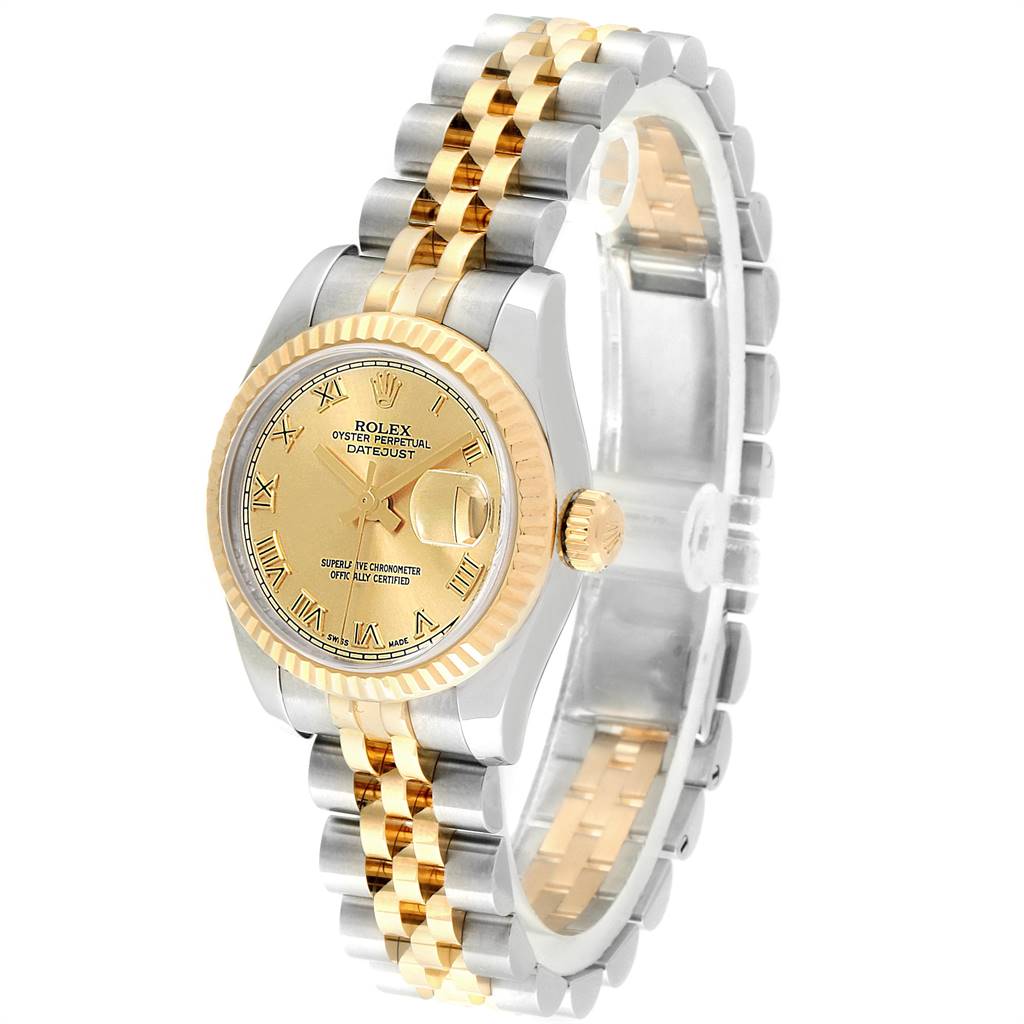 The image shows a Rolex Datejust 179173 Women's Steel and Gold (two tone) Champagne Dial 179173 Women's Steel and Gold (two tone) Champagne Dial watch at a three-quarter angle, highlighting its gold dial, fluted bezel, and two-tone bracelet.