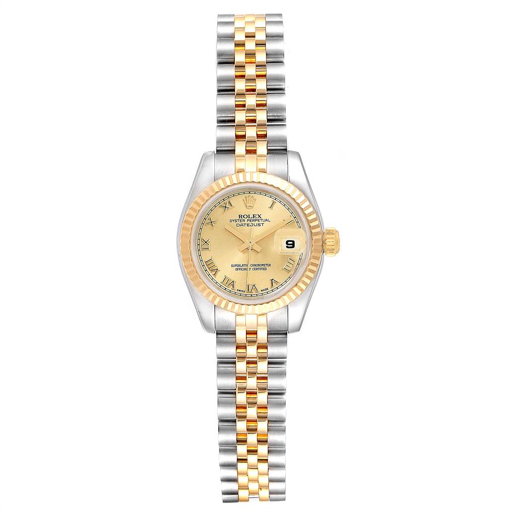 The Rolex Datejust 179173 Women's Steel and Gold (two tone) Champagne Dial 179173 Women's Steel and Gold (two tone) Champagne Dial watch is shown from a top view, displaying its two-tone bracelet, gold fluted bezel, and dial with date window.