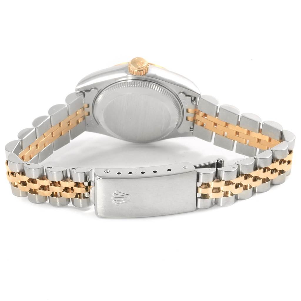 This image shows the back case and two-tone silver and gold bracelet of the Rolex Datejust 69173 Women's Stainless Steel Grey Dial 69173 Women's Stainless Steel Grey Dial watch at a rear angle.