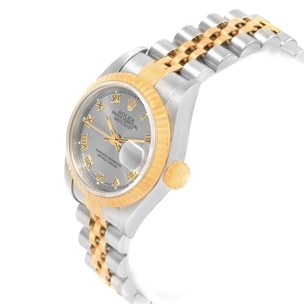 The image shows a Rolex Datejust 69173 Women's Stainless Steel Grey Dial 69173 Women's Stainless Steel Grey Dial watch at a slight angle, highlighting its two-tone bracelet, crown, and fluted bezel.