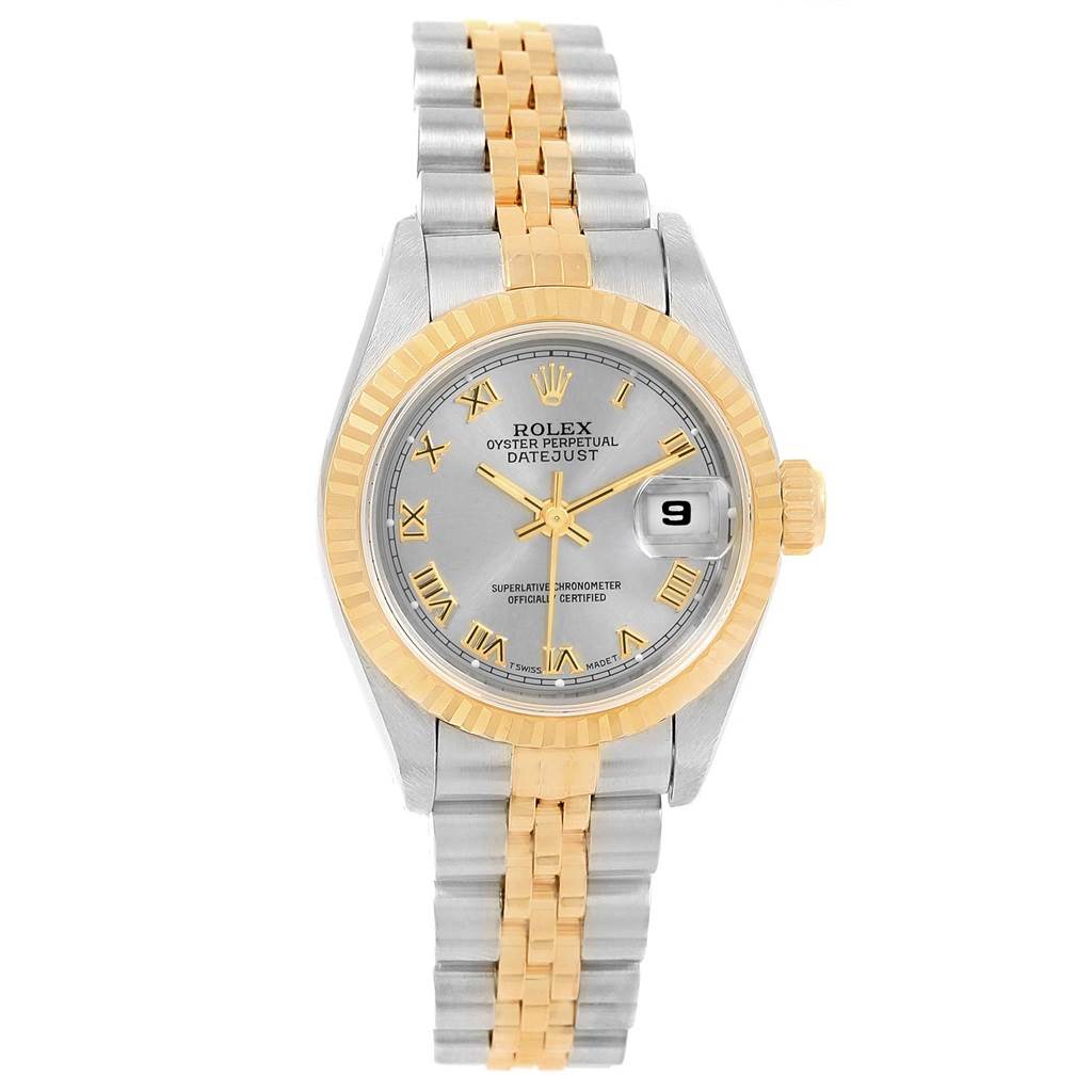 The Rolex Datejust 69173 Women's Stainless Steel Grey Dial 69173 Women's Stainless Steel Grey Dial watch is shown from a top-down angle, displaying its face, bezel, and two-tone bracelet.