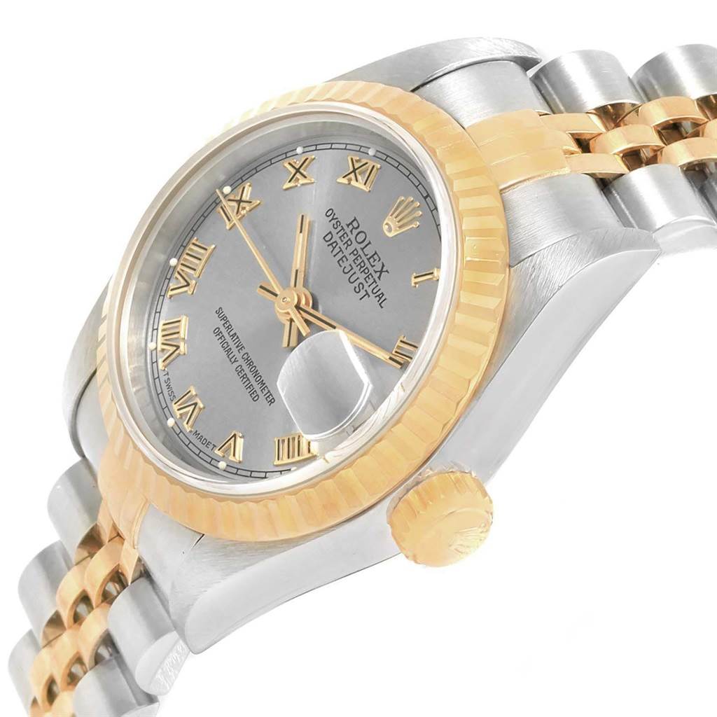 The image shows a close-up, angled view of the Rolex Datejust 69173 Women's Stainless Steel Grey Dial 69173 Women's Stainless Steel Grey Dial watch, highlighting the bezel, dial, crown, and part of the bracelet.