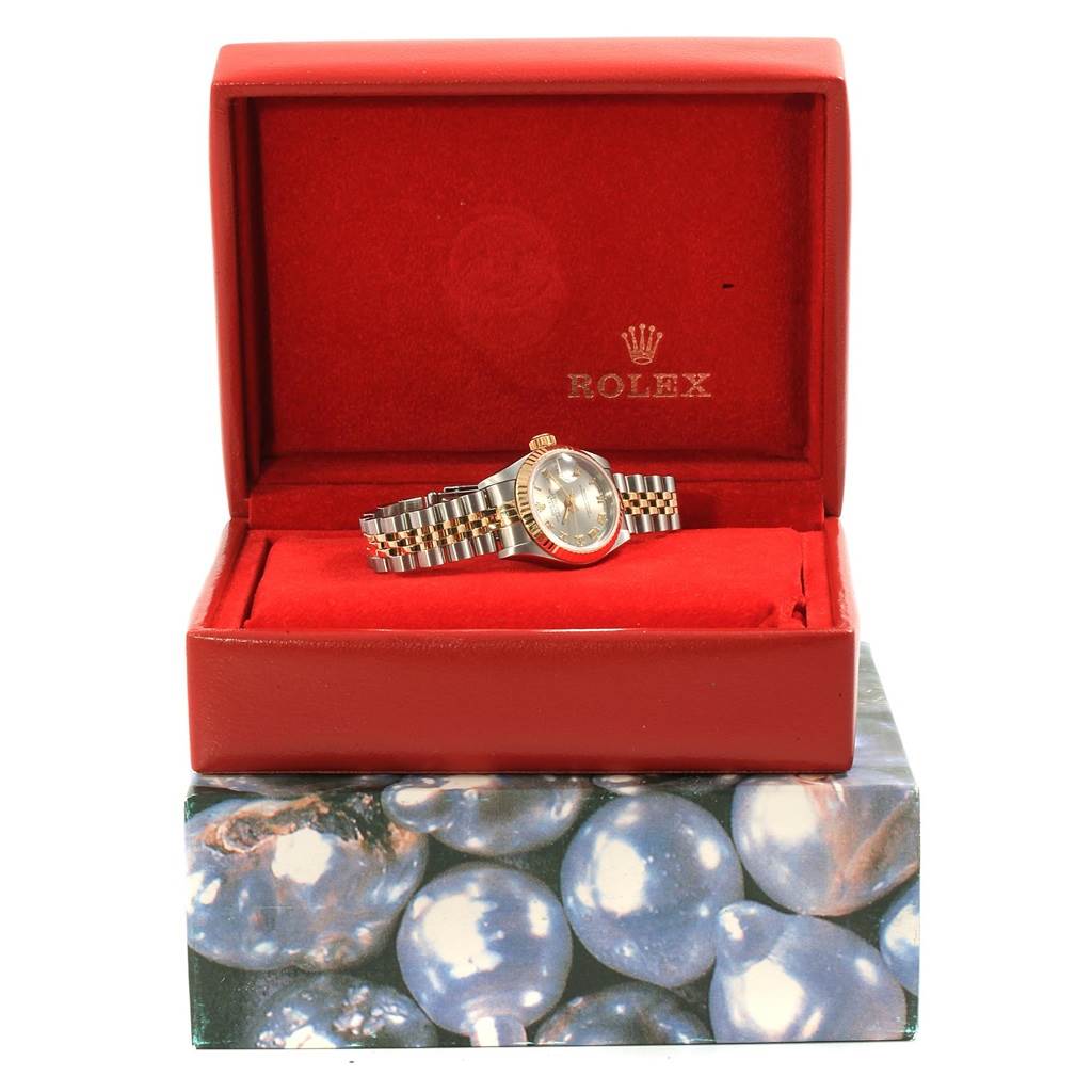 The Rolex Datejust 69173 Women's Stainless Steel Grey Dial 69173 Women's Stainless Steel Grey Dial model is shown at a frontal angle inside an open red display box.