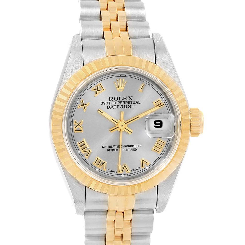 The image shows a front view of a Rolex Datejust 69173 Women's Stainless Steel Grey Dial 69173 Women's Stainless Steel Grey Dial watch, displaying its dial, bracelet, and fluted bezel.