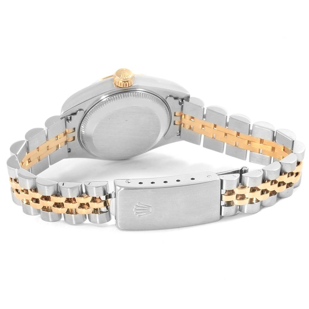 The image shows the back view of a Rolex Datejust 69173 Women's Steel and Gold (two tone) Blue Dial 69173 Women's Steel and Gold (two tone) Blue Dial watch, highlighting its two-tone bracelet and closed clasp.