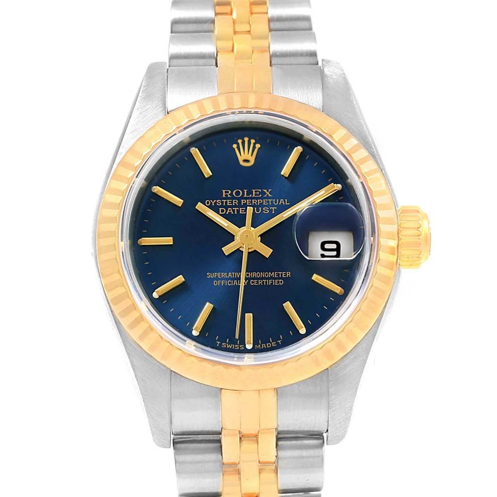This image shows a front view of a Rolex Datejust 69173 Women's Steel and Gold (two tone) Blue Dial 69173 Women's Steel and Gold (two tone) Blue Dial watch, displaying the face, hands, bezel, and part of the two-tone bracelet.