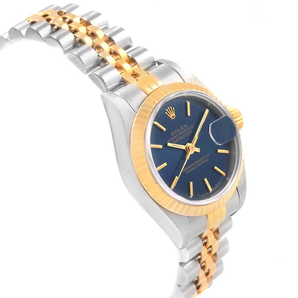 This image shows a Rolex Datejust 69173 Women's Steel and Gold (two tone) Blue Dial 69173 Women's Steel and Gold (two tone) Blue Dial watch at a slight side angle, highlighting its bezel, dial, and bracelet.