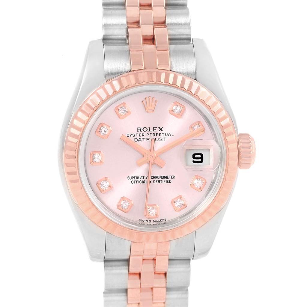 The Rolex Datejust 179171 Women
s Steel and Gold (two tone) Pink Dial 179171 Women
s Steel and Gold (two tone) Pink Dial watch is shown from a top-down angle, displaying its face, bezel, crown, and bracelet.