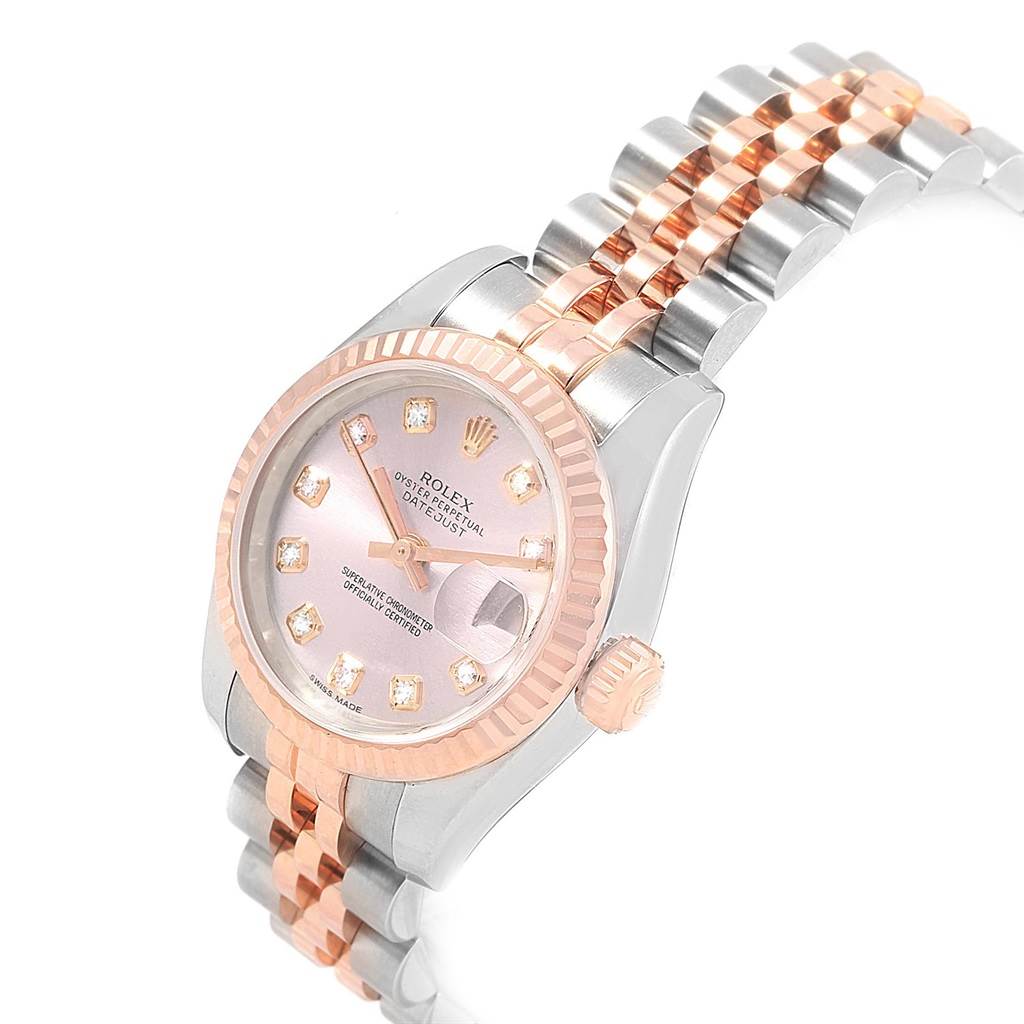 The Rolex Datejust 179171 Women
s Steel and Gold (two tone) Pink Dial 179171 Women
s Steel and Gold (two tone) Pink Dial watch is shown at an angled view, displaying the face, bezel, and two-tone bracelet.