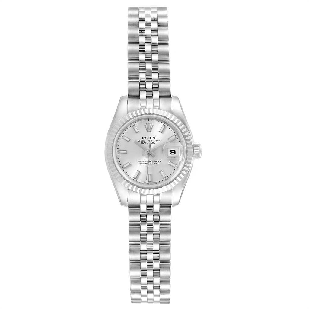 The image shows a Rolex Datejust 179174 Women's Steel and Gold (two tone) Silver Dial 179174 Women's Steel and Gold (two tone) Silver Dial watch from a top-down angle, displaying its face, bezel, and bracelet.