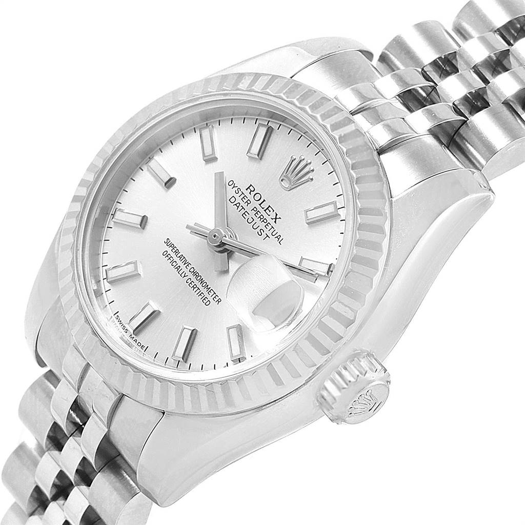 The image shows a close-up angled view of the Rolex Datejust 179174 Women's Steel and Gold (two tone) Silver Dial 179174 Women's Steel and Gold (two tone) Silver Dial watch, showcasing its face, bezel, crown, and part of the bracelet.