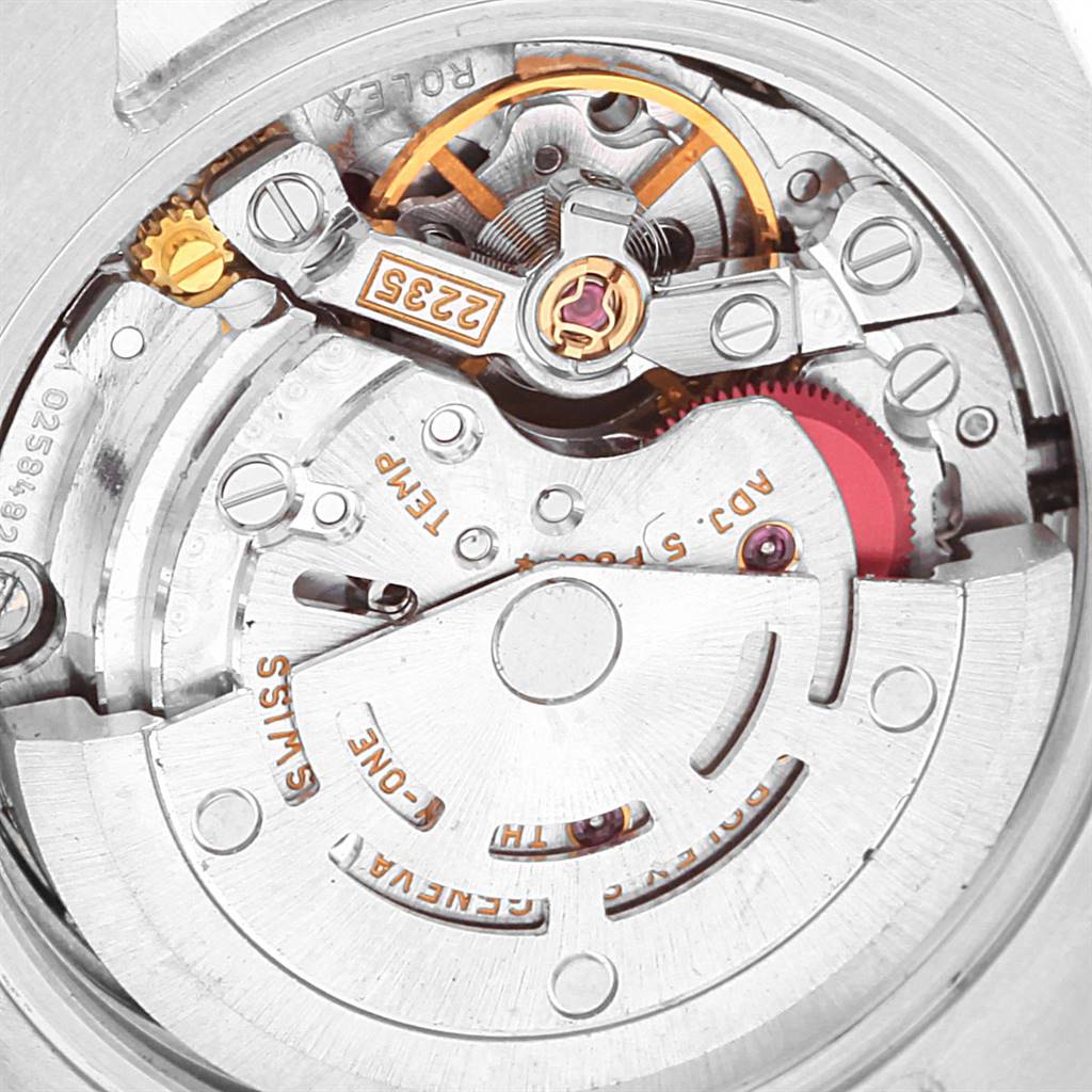 This image shows the Rolex Datejust 179174 Women's Steel and Gold (two tone) Silver Dial 179174 Women's Steel and Gold (two tone) Silver Dial movement mechanism from an overhead angle, highlighting its intricate inner components.