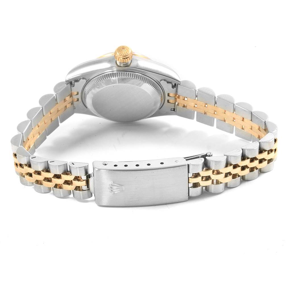 The image shows the back view of a Rolex Datejust 69173 Women's Stainless Steel Black Dial 69173 Women's Stainless Steel Black Dial watch, highlighting the jubilee bracelet and the closed clasp.