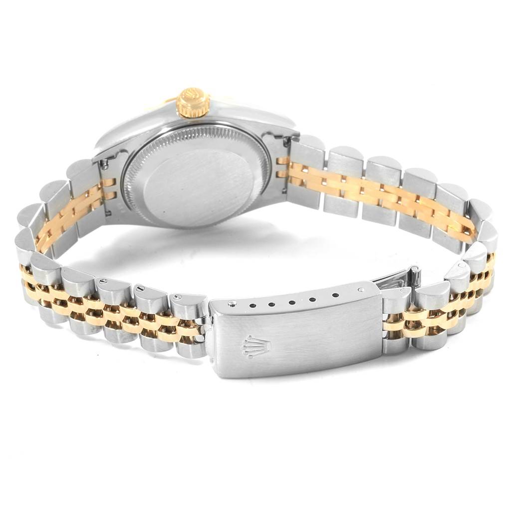 The image shows the underside of a Rolex Datejust 69173 Women's Stainless Steel Grey Dial 69173 Women's Stainless Steel Grey Dial watch, focusing on its two-tone bracelet and closed clasp.