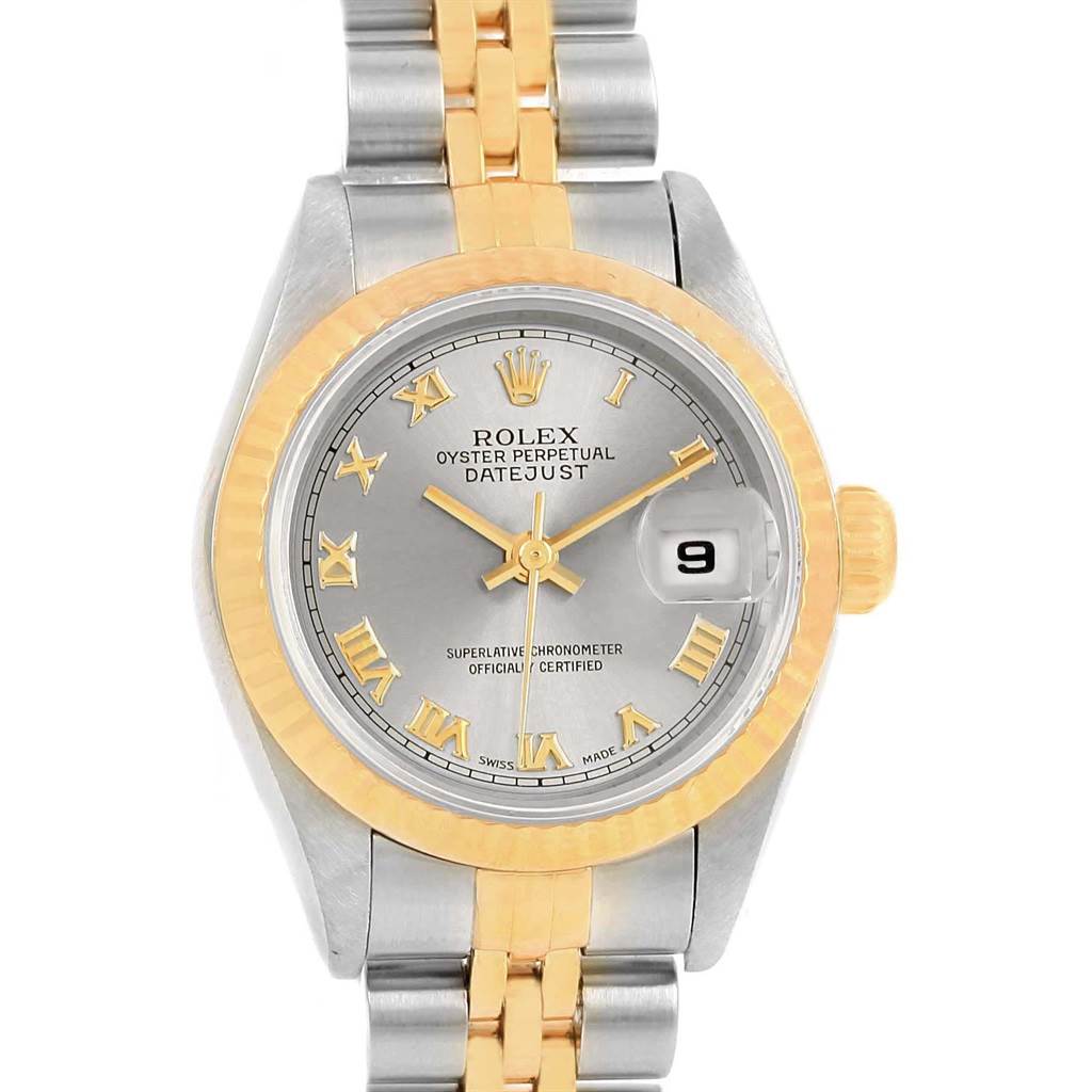 This image shows a front view of the Rolex Datejust 69173 Women's Stainless Steel Grey Dial 69173 Women's Stainless Steel Grey Dial model featuring a silver and gold watch face, bezel, and bracelet.