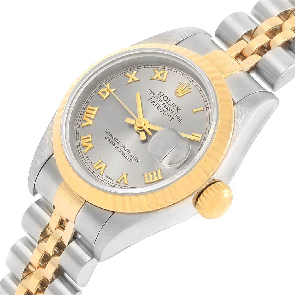 The Rolex Datejust 69173 Women's Stainless Steel Grey Dial 69173 Women's Stainless Steel Grey Dial watch is shown at an oblique angle, highlighting the face, bezel, crown, and part of the bracelet.