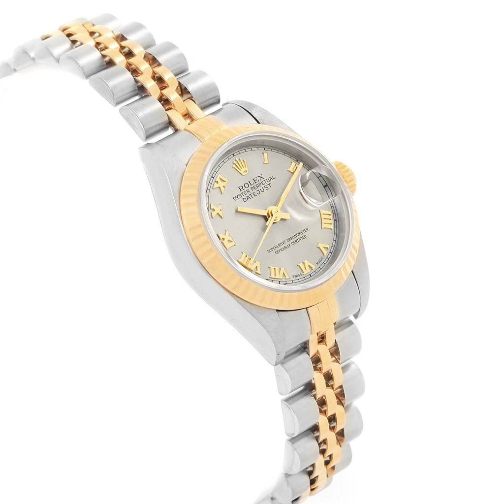 The image shows a Rolex Datejust 69173 Women's Stainless Steel Grey Dial 69173 Women's Stainless Steel Grey Dial watch angled slightly upward, highlighting its face, bezel, crown, and two-tone bracelet.