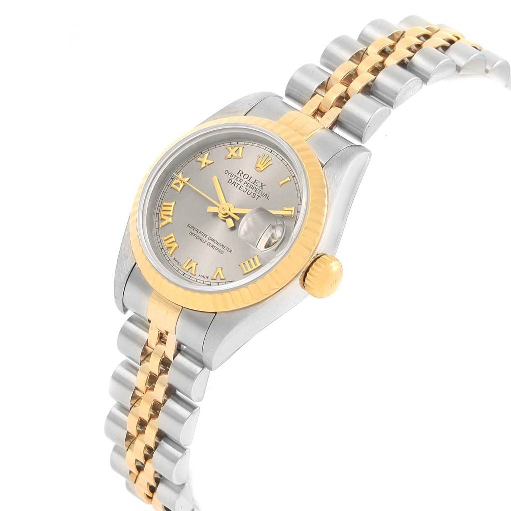 The image shows a Rolex Datejust 69173 Women's Stainless Steel Grey Dial 69173 Women's Stainless Steel Grey Dial model watch at a slight side angle, highlighting its face, bracelet, and crown.