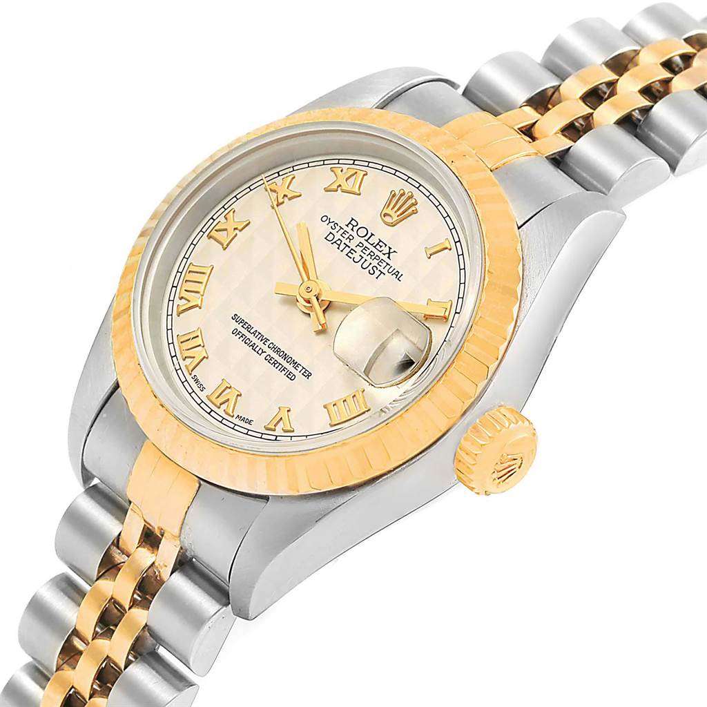 This image shows a Rolex Datejust 69173 Women
s Stainless Steel Beige Dial 69173 Women
s Stainless Steel Beige Dial watch from an angled top-front view, highlighting its dial, bezel, and crown.