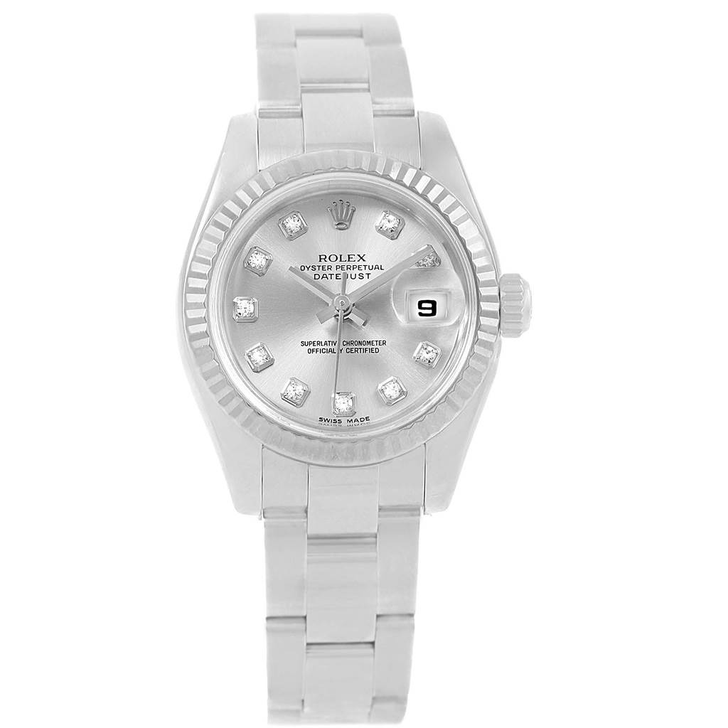 This image shows a front view of a Rolex Datejust 179174 Women
s Stainless Steel Silver Dial 179174 Women
s Stainless Steel Silver Dial watch with a silver dial and diamond hour markers.