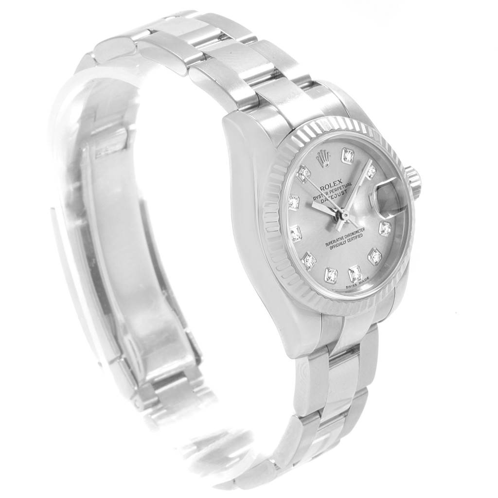 The image shows a Rolex Datejust 179174 Women
s Stainless Steel Silver Dial 179174 Women
s Stainless Steel Silver Dial watch at a three-quarter angle, displaying the face, bezel, bracelet, and clasp.