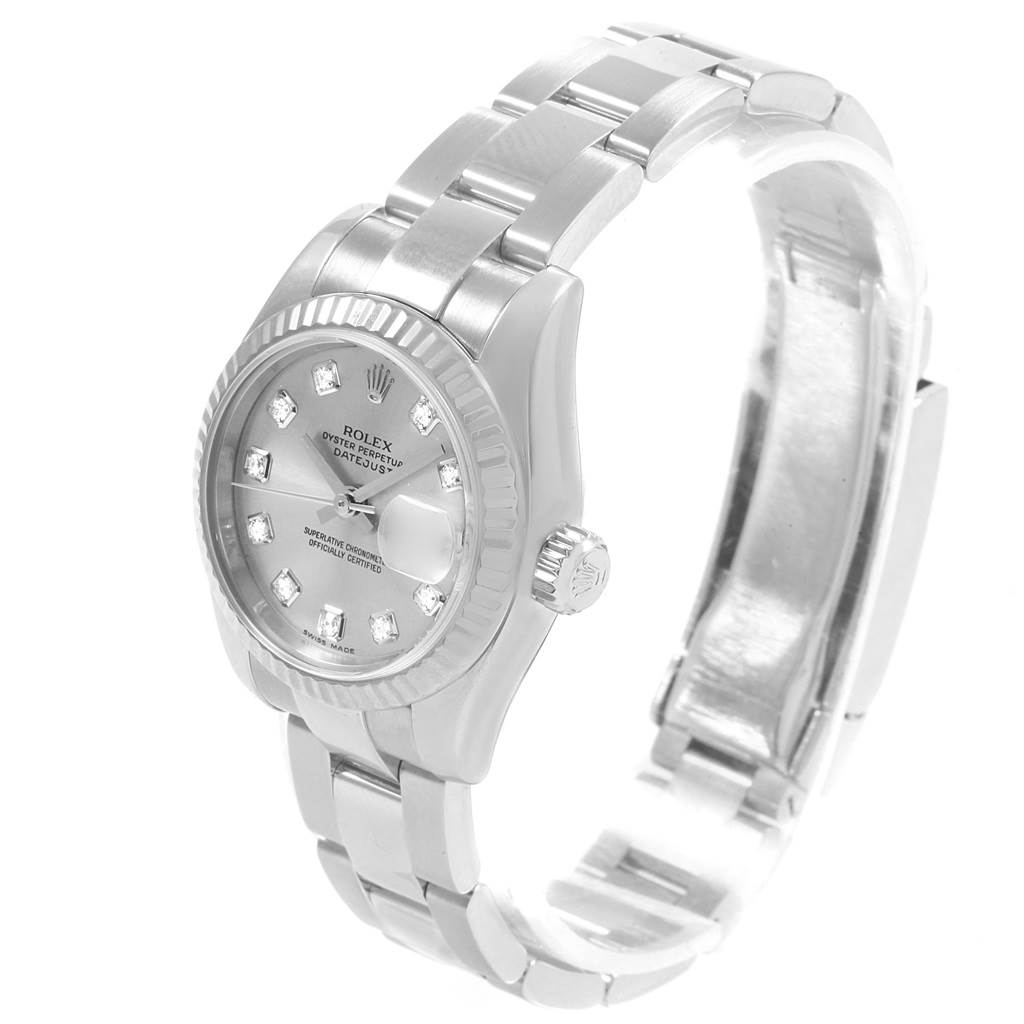 The Rolex Datejust 179174 Women
s Stainless Steel Silver Dial 179174 Women
s Stainless Steel Silver Dial watch is shown at a three-quarter angle featuring its dial, bezel, crown, and part of the bracelet.