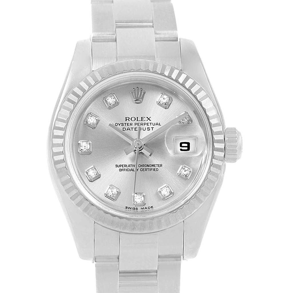 The image shows a front view of a Rolex Datejust 179174 Women
s Stainless Steel Silver Dial 179174 Women
s Stainless Steel Silver Dial watch, highlighting the dial, crown, and bracelet.